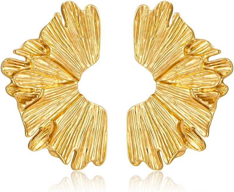 FAUTHENTICUTE Chunky Gold Statement Earrings For Women Gold Plated Sectored Flower Leaf Shell Angel Wing Earrings Large Stud Earrings Hypoallergenic Earrings - Image 1